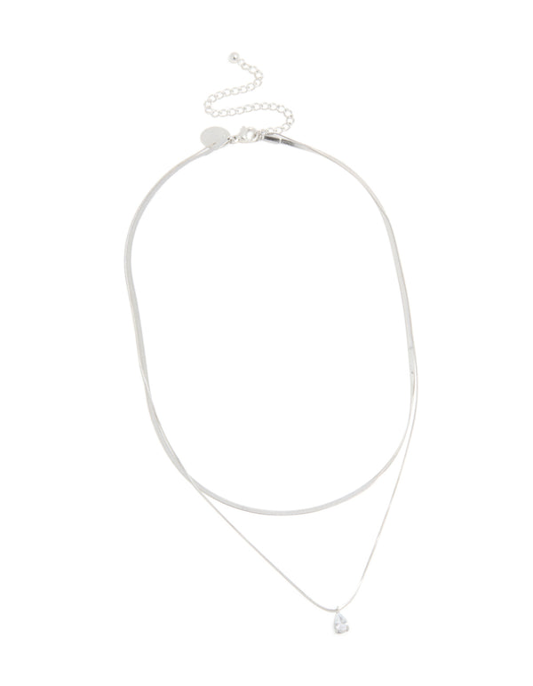 Explore this waterproof stainless steel cubic zirconia and chain pendant layered necklace featuring crystal in silver front view