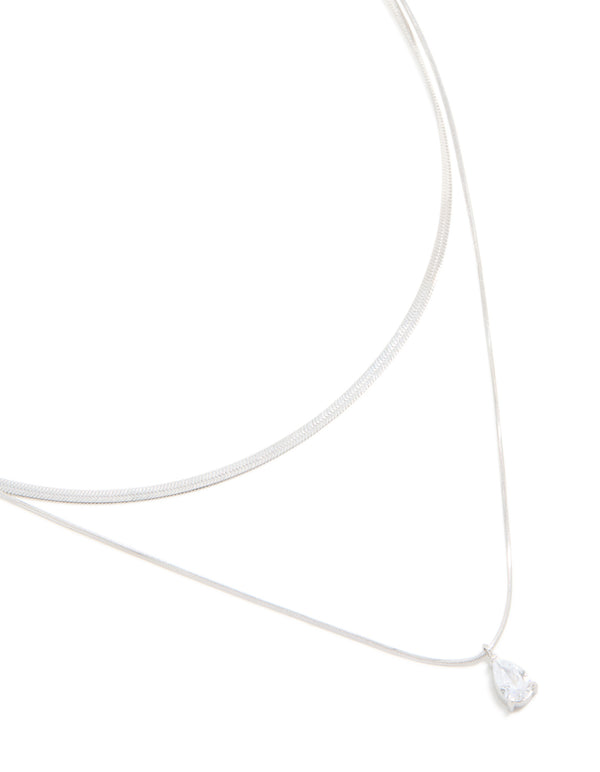 This stunning waterproof stainless steel cubic zirconia and chain pendant layered necklace with crystal in silver close up view
