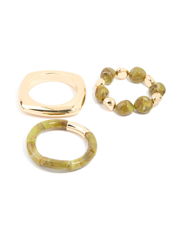 Gold & Green Resin Beaded Bracelets 3-Pack