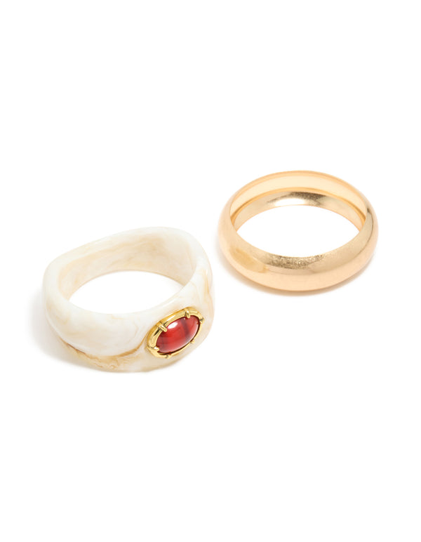 Worn Gold & White Resin With Red Stone Bangles 2-Pack