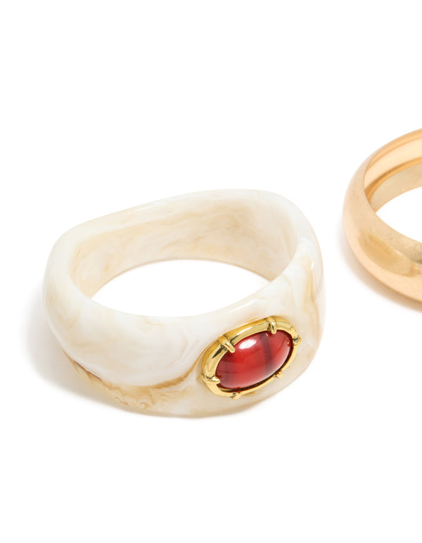 Worn Gold & White Resin With Red Stone Bangles 2-Pack