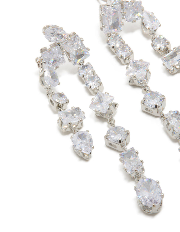 Silver Cubic Zirconia Multi Asymmetrical Drop Earrings