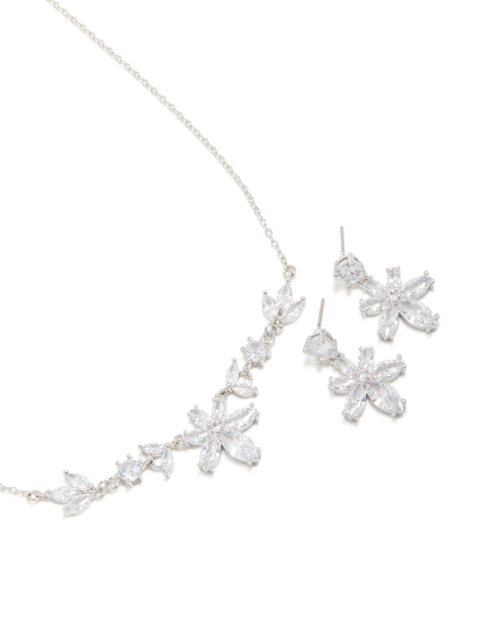 Silver Cubic Zirconia Lovely Floral Necklace & Earrings Set