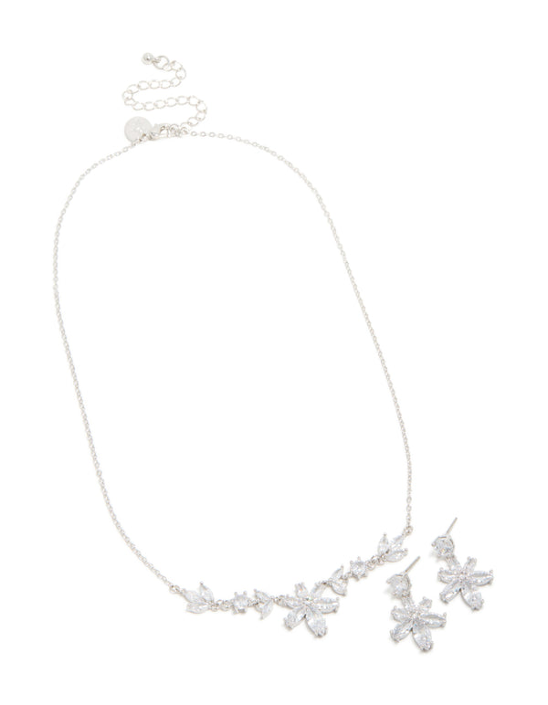 Silver Cubic Zirconia Lovely Floral Necklace & Earrings Set