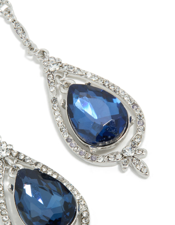 Exquisite silver blue diamante pear glitzy drop earrings with faceted stone detail in post detail view