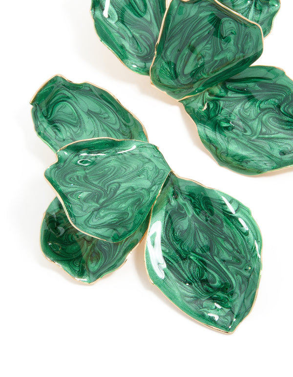 Emerald Green Coated Metal Half Flower Petal Drop Earrings