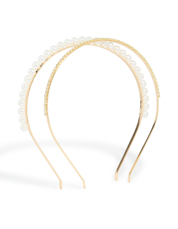 Discover these shiny gold headbands with pearl detailing in a 2-pack front view