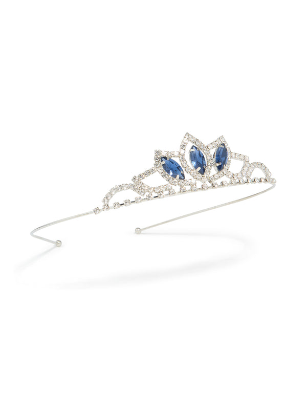 Showcasing a statement tiara headband with royal blue diamante stones in silver front view