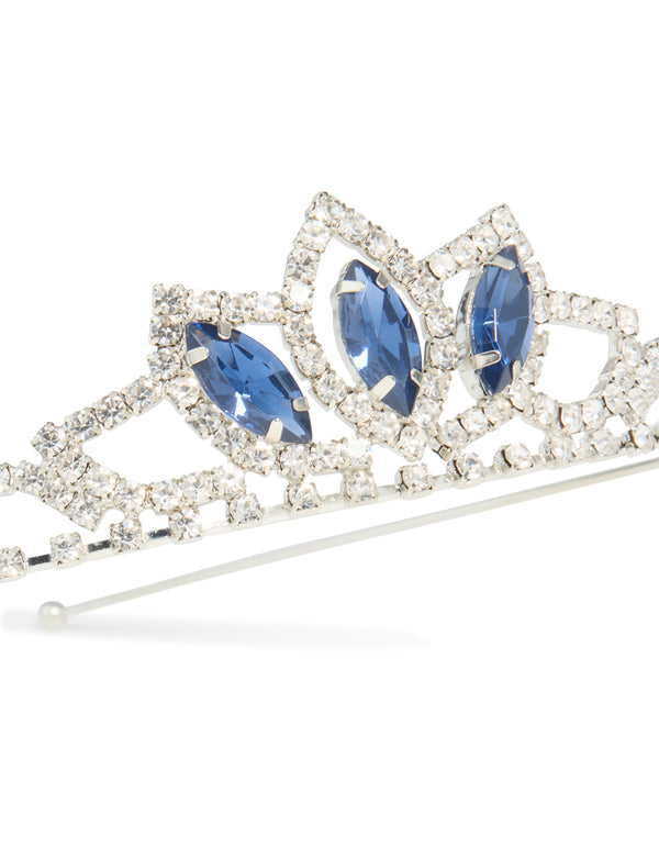 Featuring a statement tiara headband with royal blue diamante stones in silver detail view