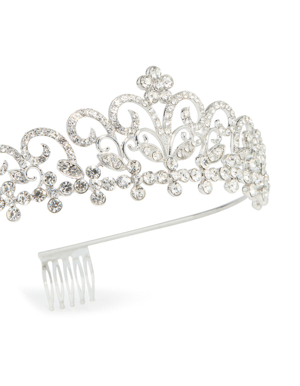 Exquisite silver diamante princess tiara headband showcasing floral accents and statement design detail view