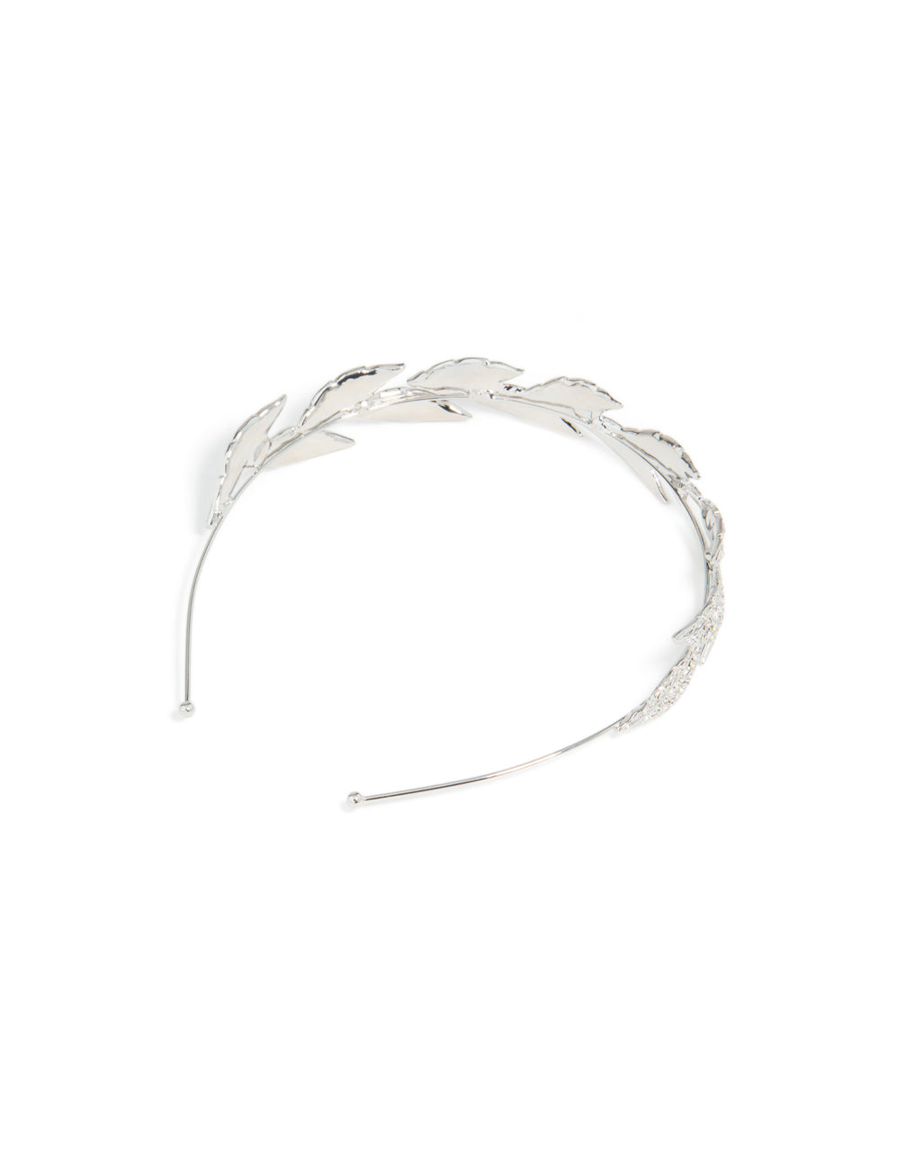 Discover a diamante leaves headband featuring leaf motifs with glitter accents in silver side view