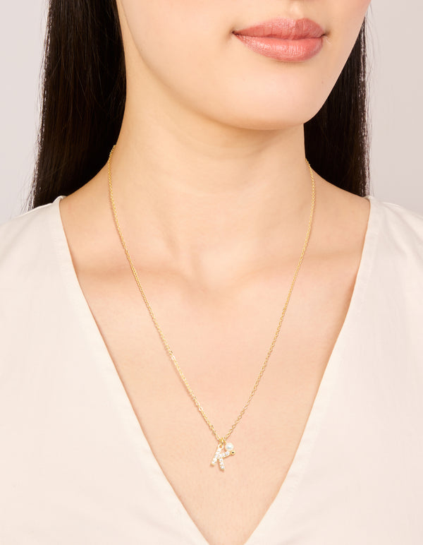 Gold Plated Cubic Zirconia & Pearl Letter K Necklace