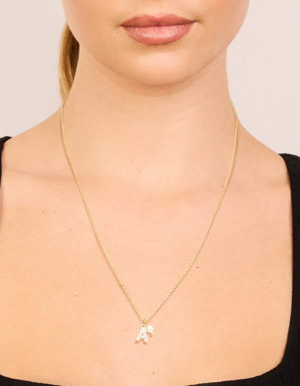 Gold Plated Cubic Zirconia & Pearl Letter A Necklace