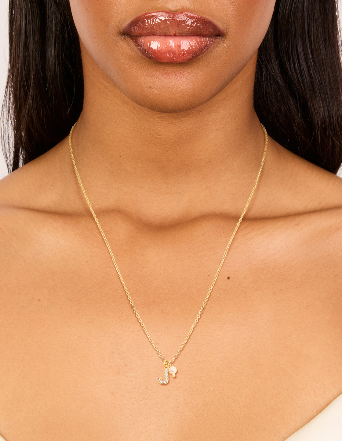 Gold Plated Cubic Zirconia & Pearl Letter J Necklace