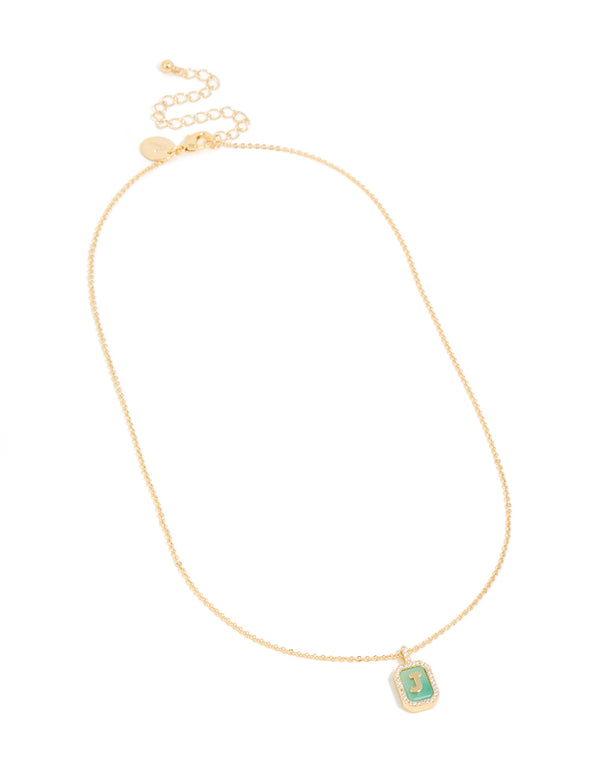 Beautiful gold plated brass cubic zirconia letter J tag necklace with pendant featuring initials in statement style front view