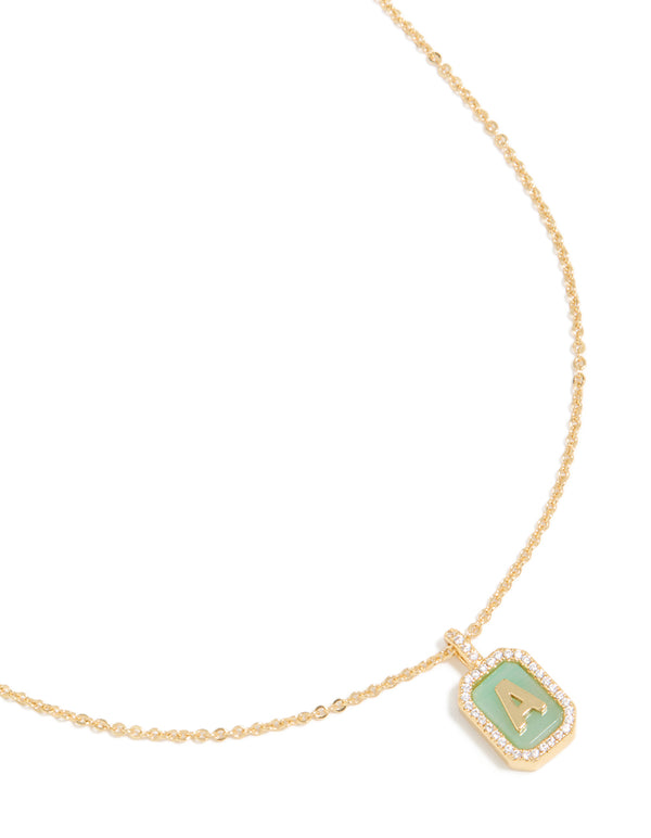 Elegantly crafted gold plated brass cubic zirconia letter A tag necklace with initials pendant close up view