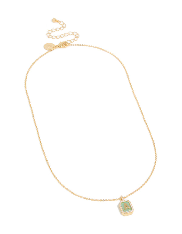 Stunning gold plated brass cubic zirconia letter A tag necklace featuring initials pendant front view