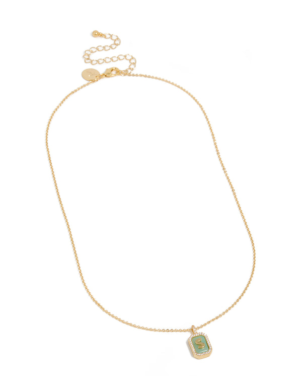Gold Plated Brass Cubic Zirconia Letter S Tag Necklace