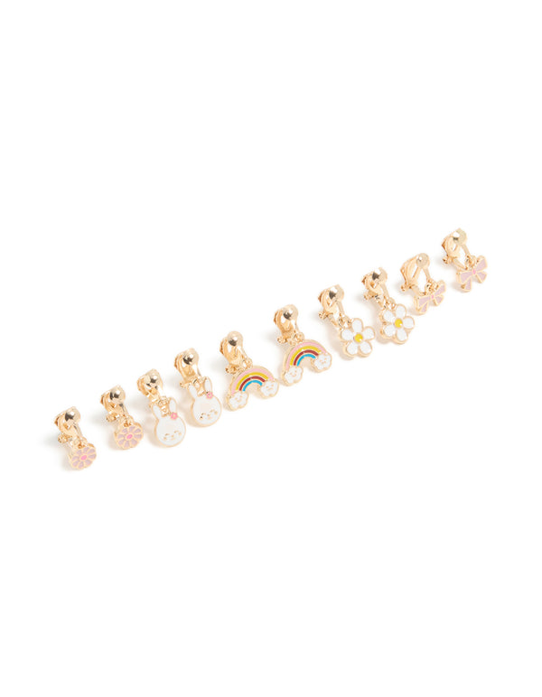 Kids Gold Easter Bunny & Flower Clip-On Earrings 5-Pack