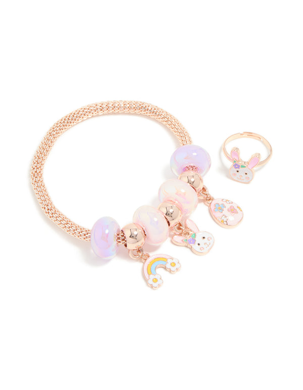 Kids Rose Gold Bunny Easter Egg Charm Bracelet & Ring Set