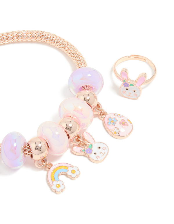 Kids Rose Gold Bunny Easter Egg Charm Bracelet & Ring Set