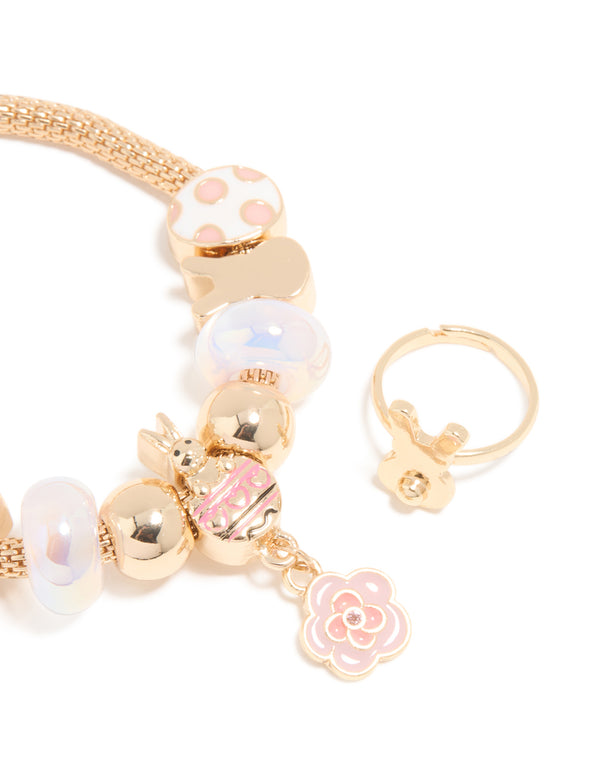 Kids Gold Flower Easter Bunny Charm Bracelet & Ring Set