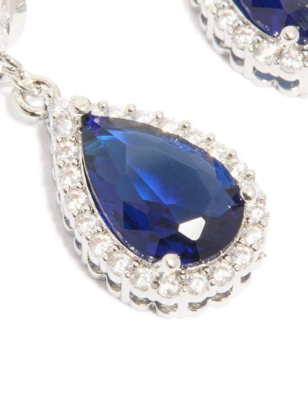 Silver Sapphire Blue Cubic Zirconia Pear Shaped Drop Earrings