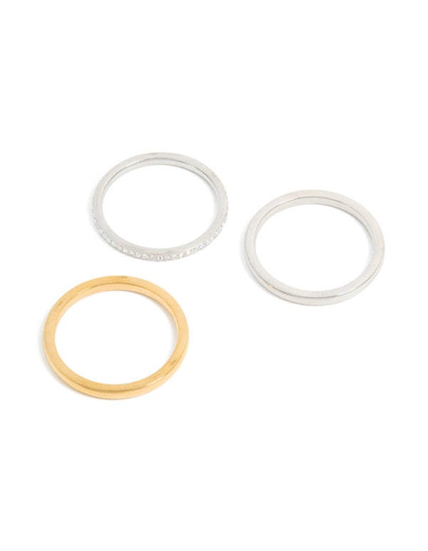 Waterproof mixed-plated stainless steel thin stacking rings with cubic zirconia, available in a 3-pack featuring statement styling front view