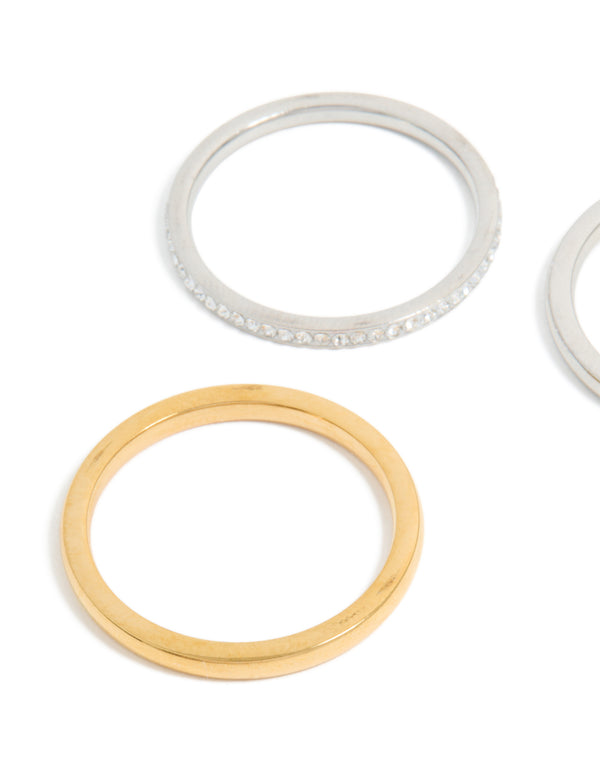 Waterproof mixed-plated stainless steel thin stacking rings with cubic zirconia, available in a 3-pack featuring statement styling close up view