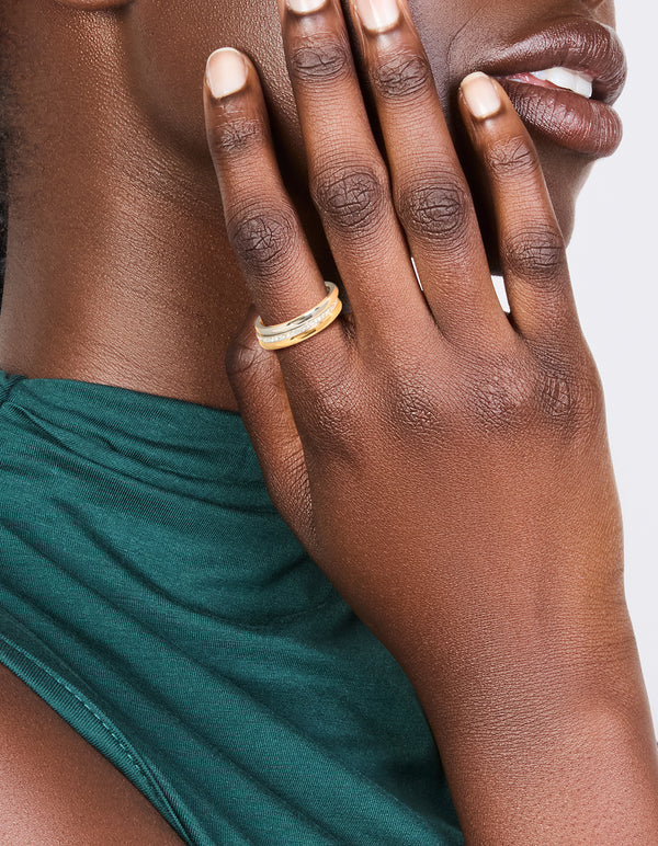 Waterproof mixed-plated stainless steel thin stacking rings with cubic zirconia, available in a 3-pack featuring statement styling on finger view
