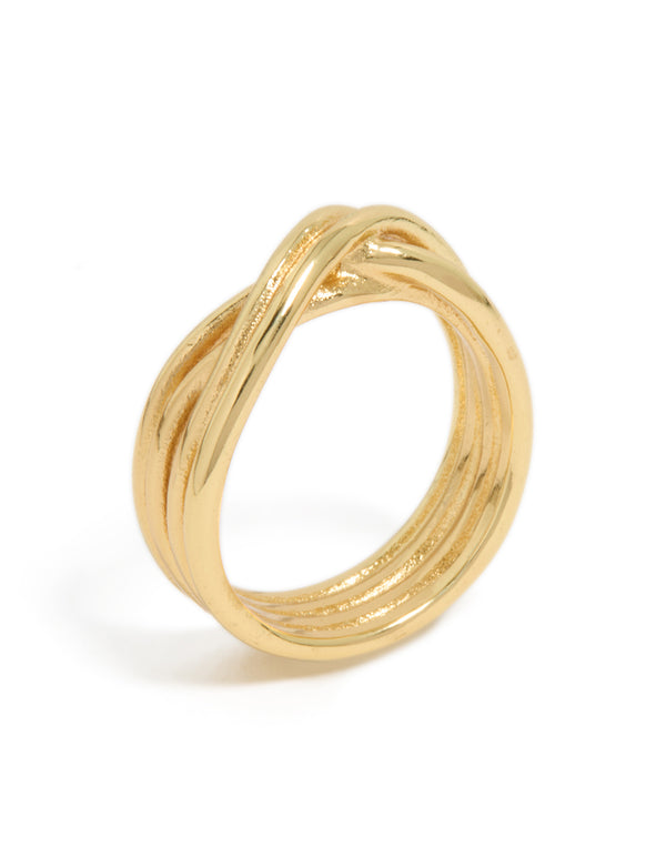 Crafted from waterproof gold plated stainless steel crossed line ring with statement design side detail view