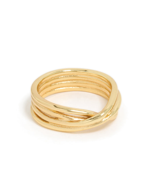 Showcasing a waterproof gold plated stainless steel crossed line ring with statement design front view