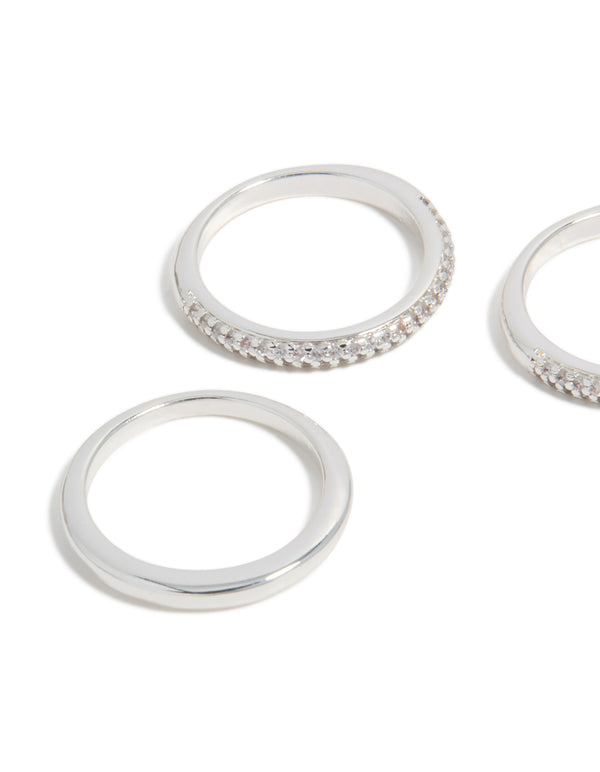 Designed with silver plated cubic zirconia band rings featuring crystal accents 3-pack close up view