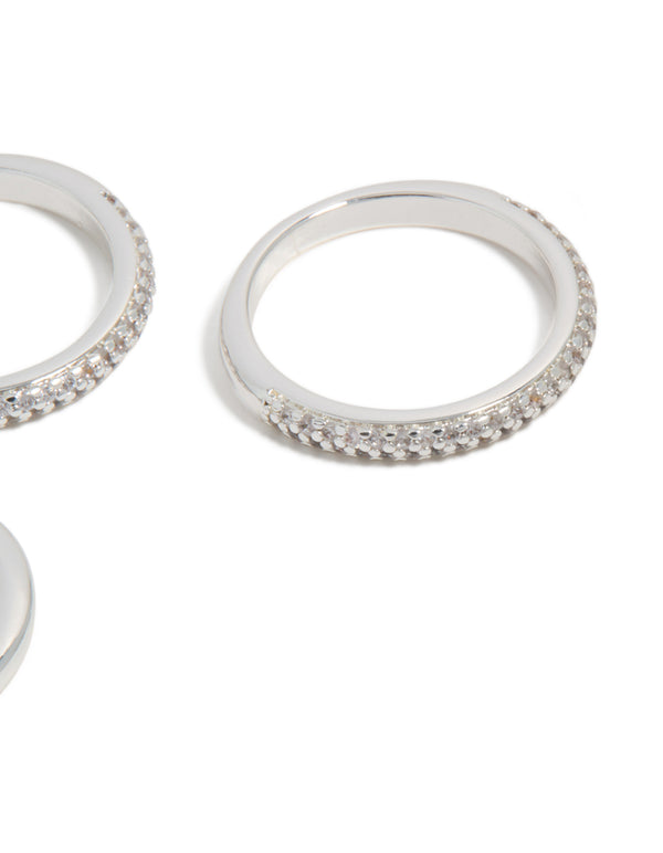 Designed with silver plated cubic zirconia band rings featuring crystal accents 3-pack close up view