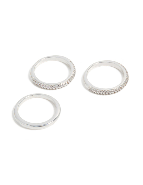 Showcasing silver plated cubic zirconia band rings in a 3-pack with crystal embellishments front view