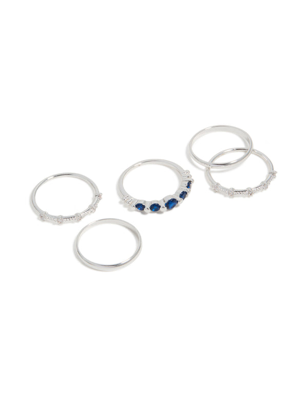Featuring silver plated dainty cubic zirconia stacking rings 5-pack with royal blue and clear stones front view