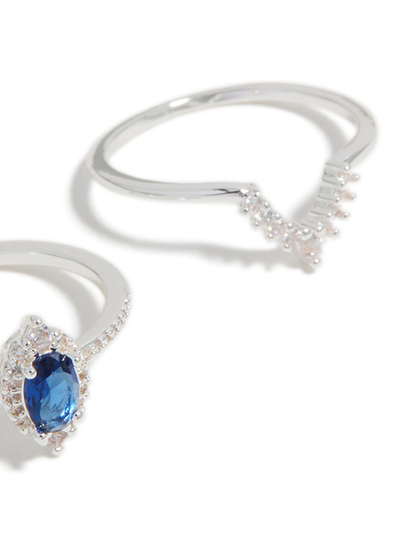 Designed with silver plated pear and blue cubic zirconia crown stacking rings 2-pack featuring crystal side detail view