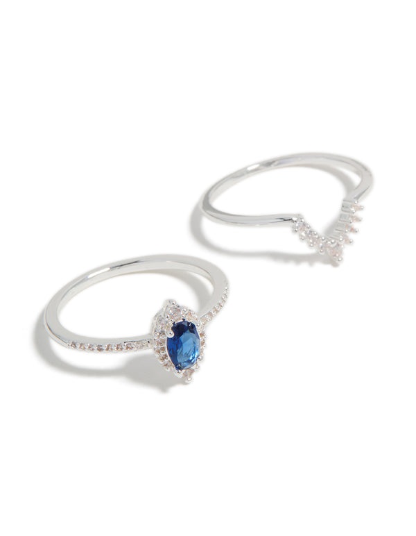 Showcasing silver plated pear and blue cubic zirconia crown stacking rings 2-pack featuring crystal front view