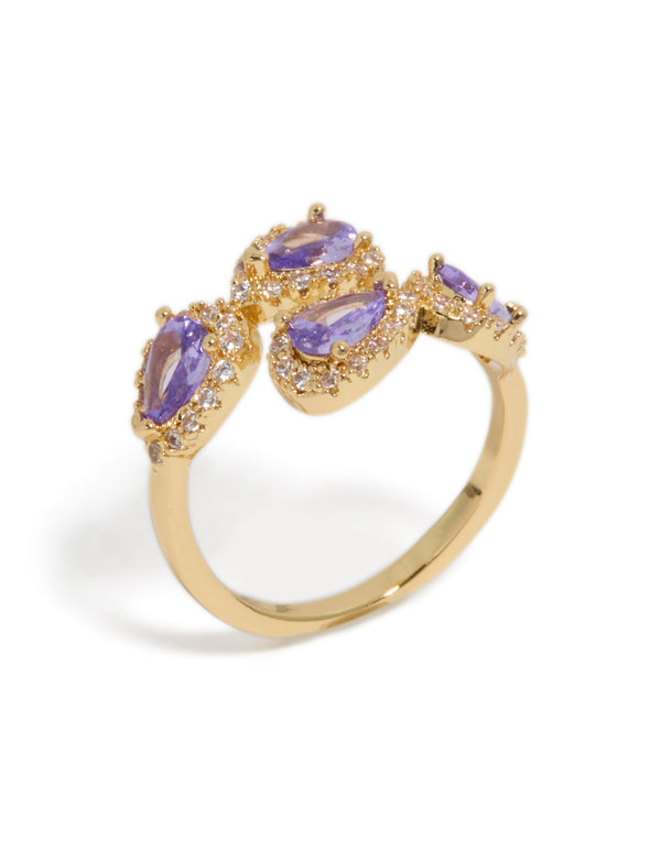 Featuring glitzy purple cubic zirconia in gold plated metal, this wrap around ring with statement style side detail view