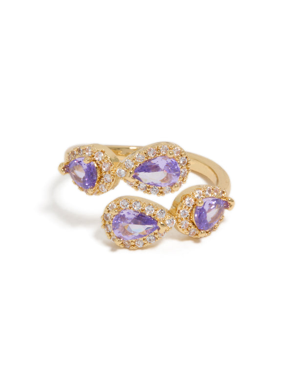 Explore this glitzy purple cubic zirconia wrap around ring in gold plated metal with statement style close up view