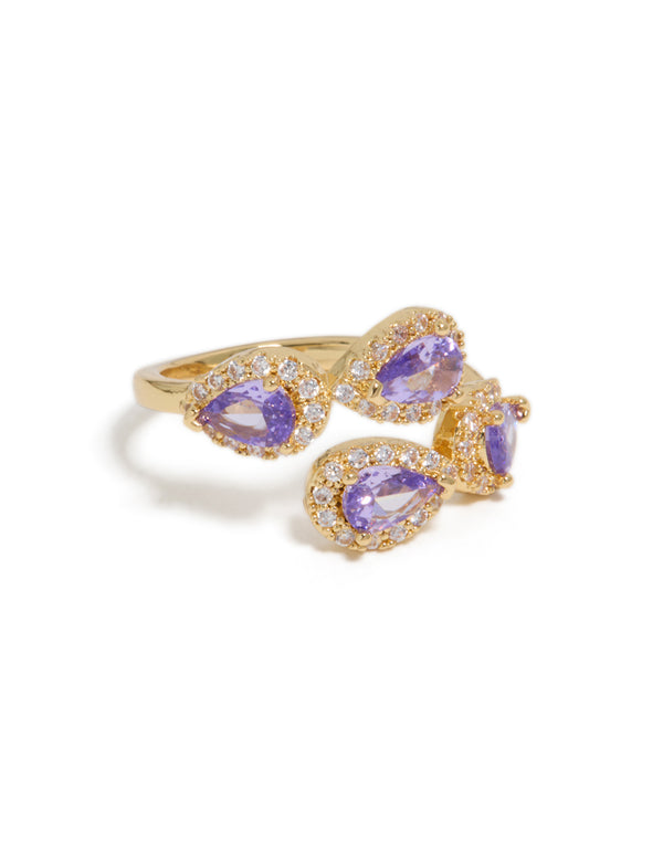 Showcasing a glitzy purple cubic zirconia wrap around ring in gold plated metal with statement style front view