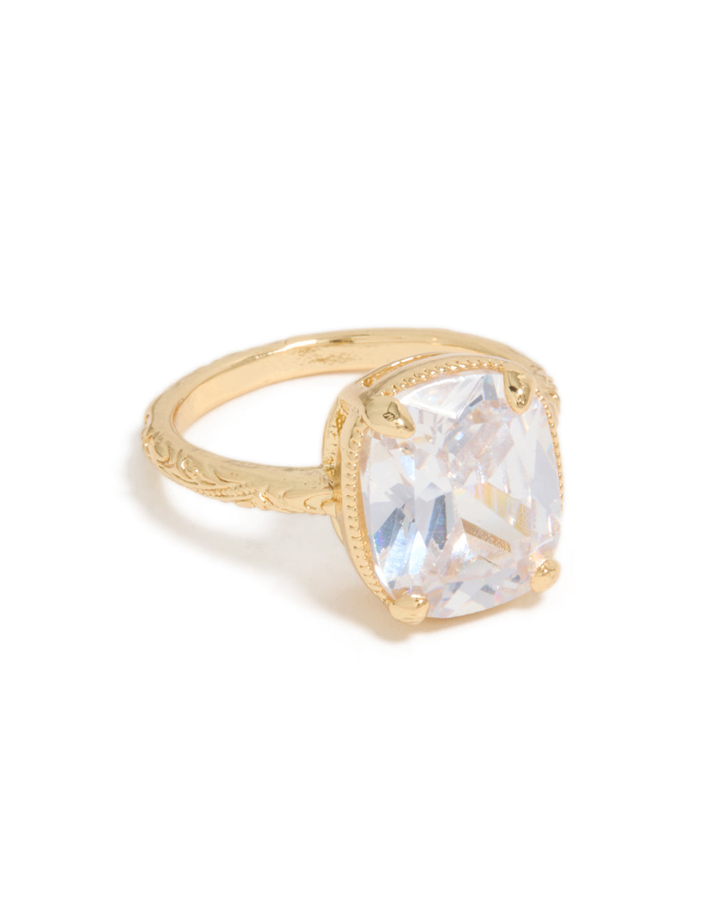 Showcasing a gold plated vintage ring with cubic zirconia crystal in a statement style front view