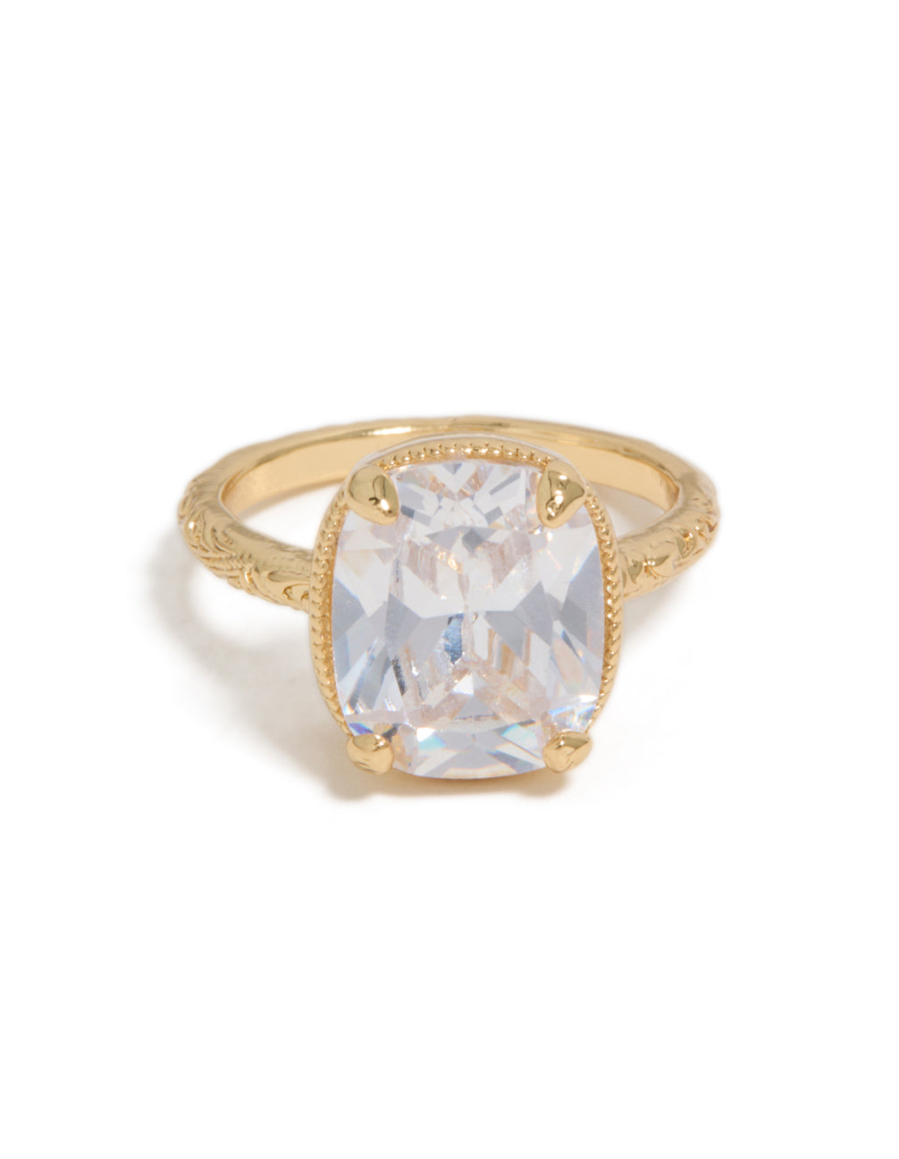 Presenting a gold plated vintage ring with cubic zirconia crystal in a statement style close up view