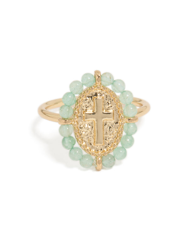 Designed with beads details, this gold plated textured cross ring in statement style close up view