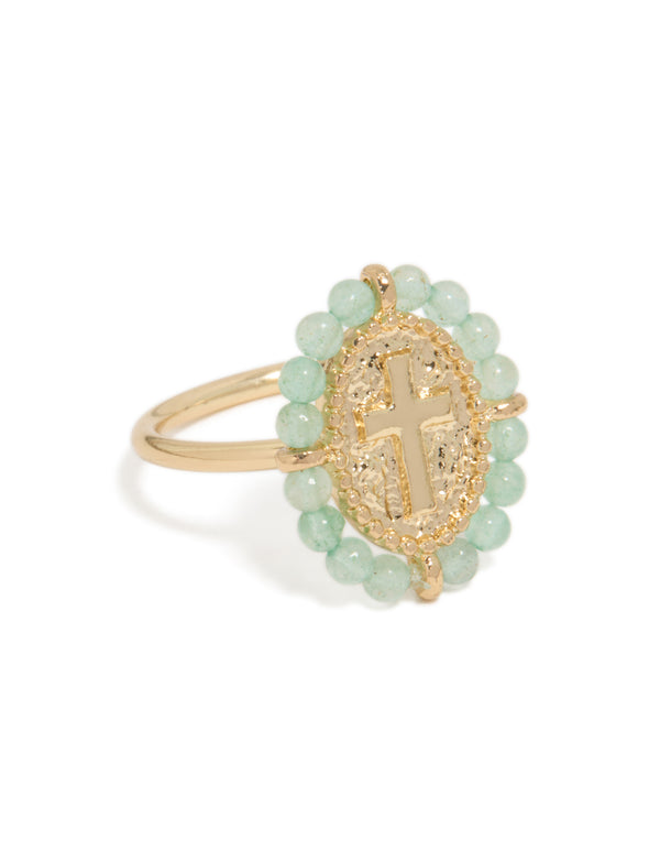 Showcasing a gold plated textured cross ring featuring beads details in statement style front view