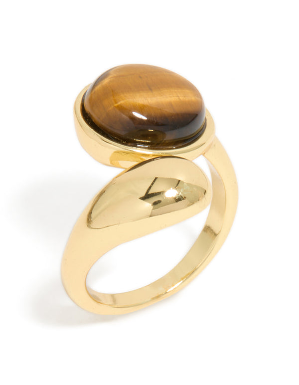 Designed with round tigers eye stone waterproof gold plated stainless steel wrap ring statement side detail view