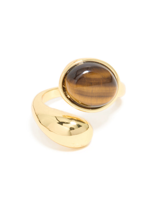Showcasing a waterproof gold plated stainless steel tigers eye stone wrap ring round cut statement close up view