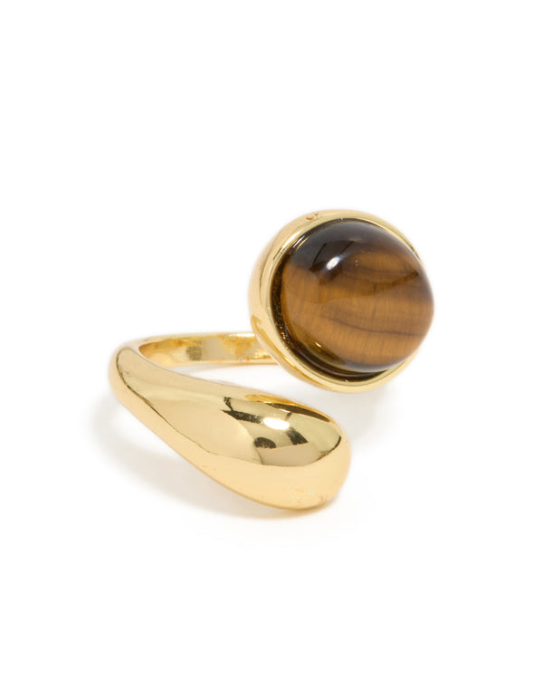 Featuring a waterproof statement ring with tigers eye stone in round stainless steel front view