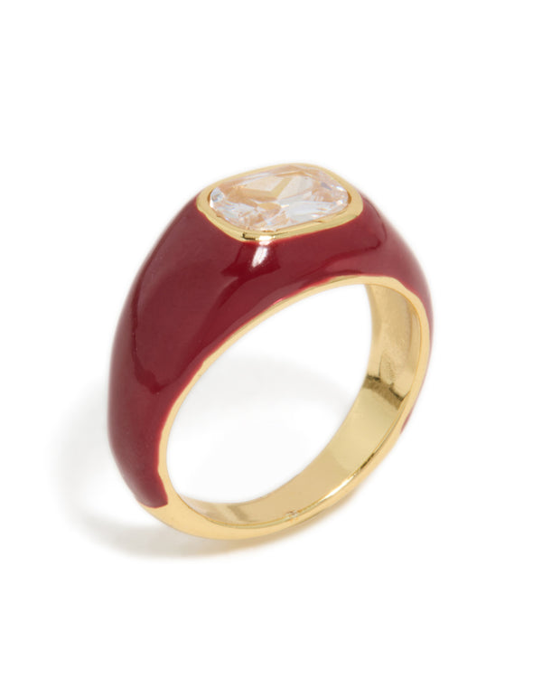 Designed with waterproof gold plated stainless steel red enamel square cubic zirconia ring featuring maroon and clear stone statement style close up view