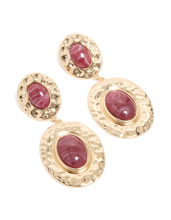 Gold & Red Stone Hammered Textured Double Drop Earrings